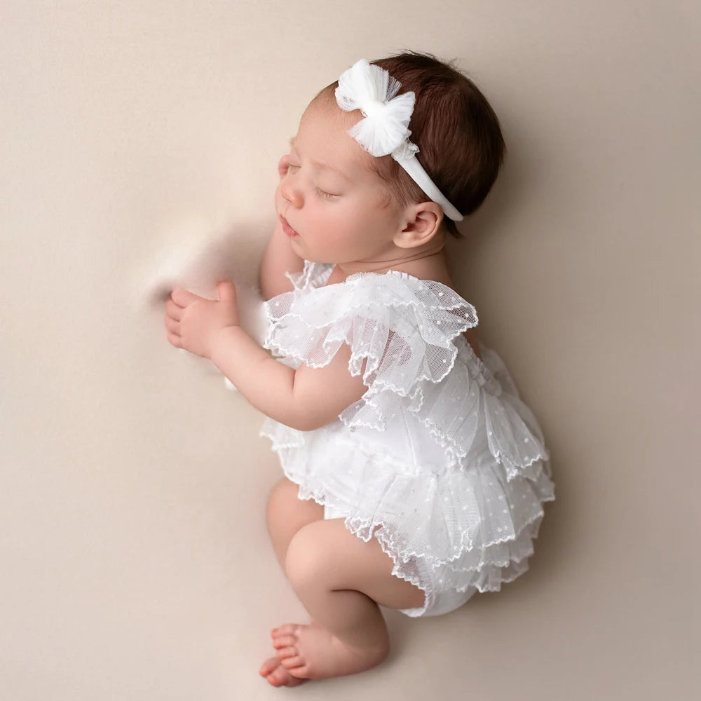 Baby Girl White Ruffle Romper Bow Headband Tulle Layered