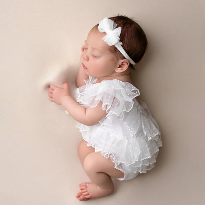 Baby Girl White Ruffle Romper Bow Headband Tulle Layered