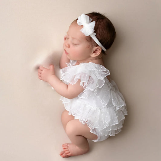Baby Girl White Ruffle Romper Bow Headband Tulle Layered