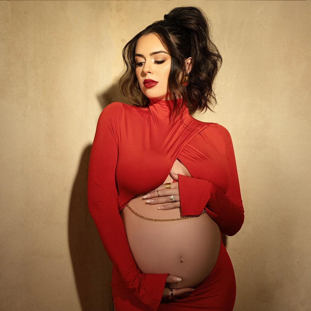 Maternity Elegant Expose Belly Dress Red Floor Mopping