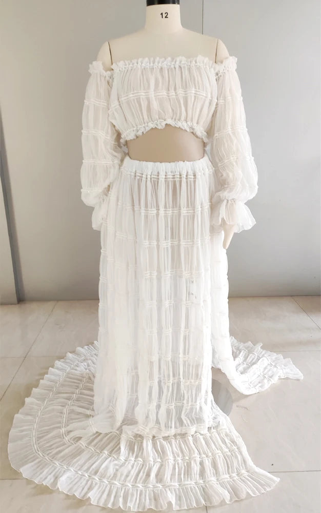 Maternity Pleated Chiffon Long Sleeve Off Shoulder Four Piece Boho Style Dress