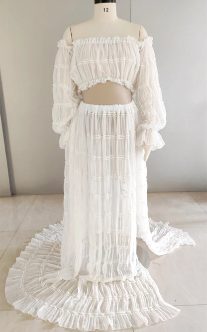 Maternity Pleated Chiffon Long Sleeve Off Shoulder Four Piece Boho Style Dress