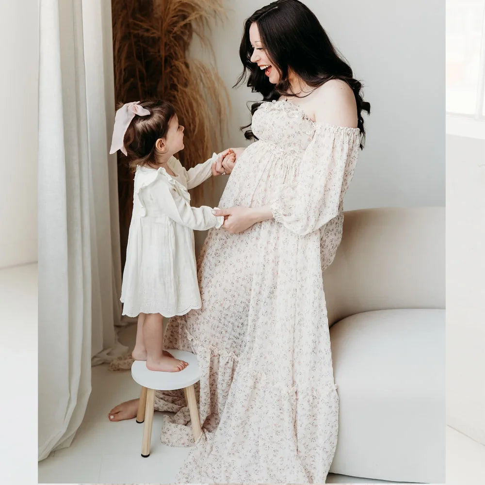 Maternity Elegant Floral Chiffon Dress One Shoulder Long Sleeved Two-piece