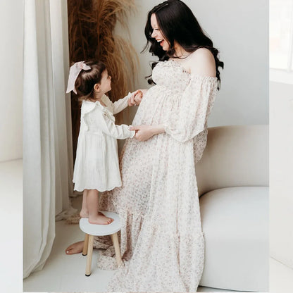 Maternity Elegant Floral Chiffon Dress One Shoulder Long Sleeved Two-piece