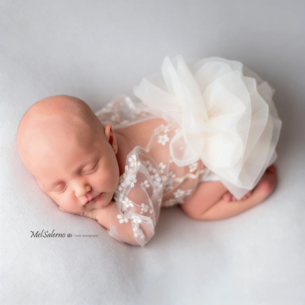 Baby Girl White Lace Tutu Romper Floral Ruffle Sleeve Soft Newborn Photo