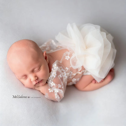 Baby Girl White Lace Tutu Romper Floral Ruffle Sleeve Soft Newborn Photo
