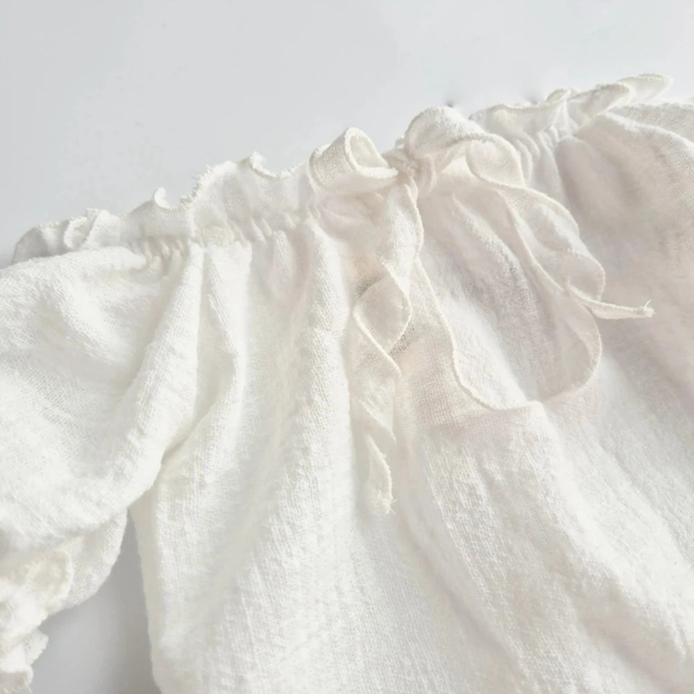 Newborn Romper Off Shoulder Back Cutout Ruffle Detail Baby White