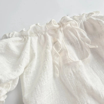 Newborn Romper Off Shoulder Back Cutout Ruffle Detail Baby White