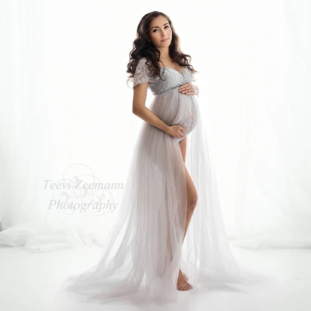 Maternity Bohemian Lace Bodysuit Tulle Long Dress Boho Style
