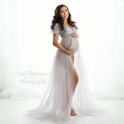 Maternity Bohemian Lace Bodysuit Tulle Long Dress Boho Style