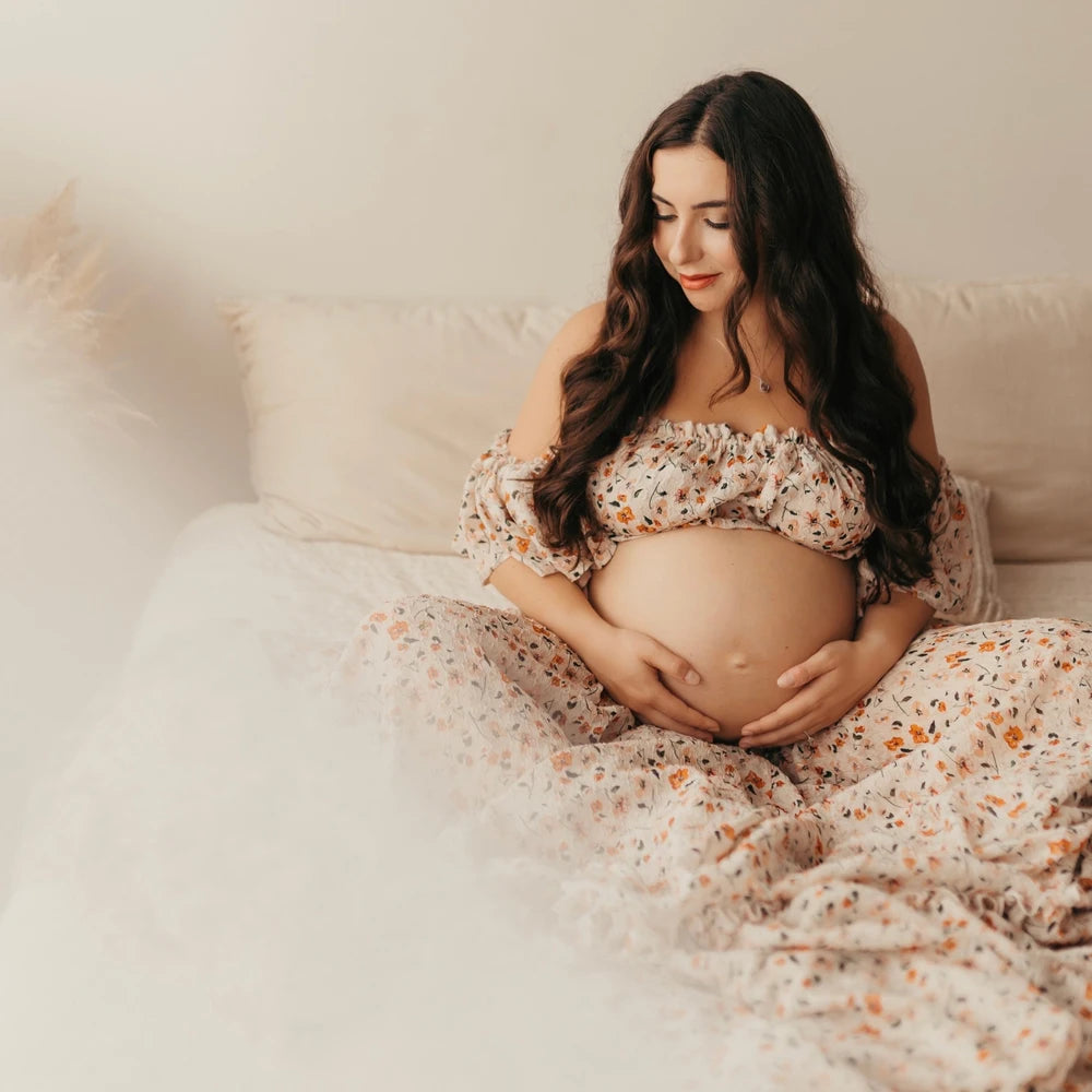 Maternity Dress Floral Chiffon Two-piece Long Sleeved Short Top Baby Showers