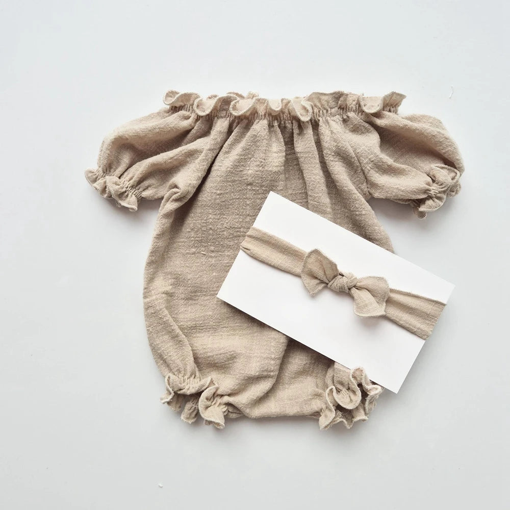 Vintage Beige Linen Cotton Off Shoulder Ruffle Romper Baby Girl