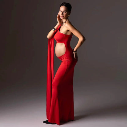 Maternity Baby Showers Hollow Out Design Red Dress One Shoulder Extra Long Sleeves