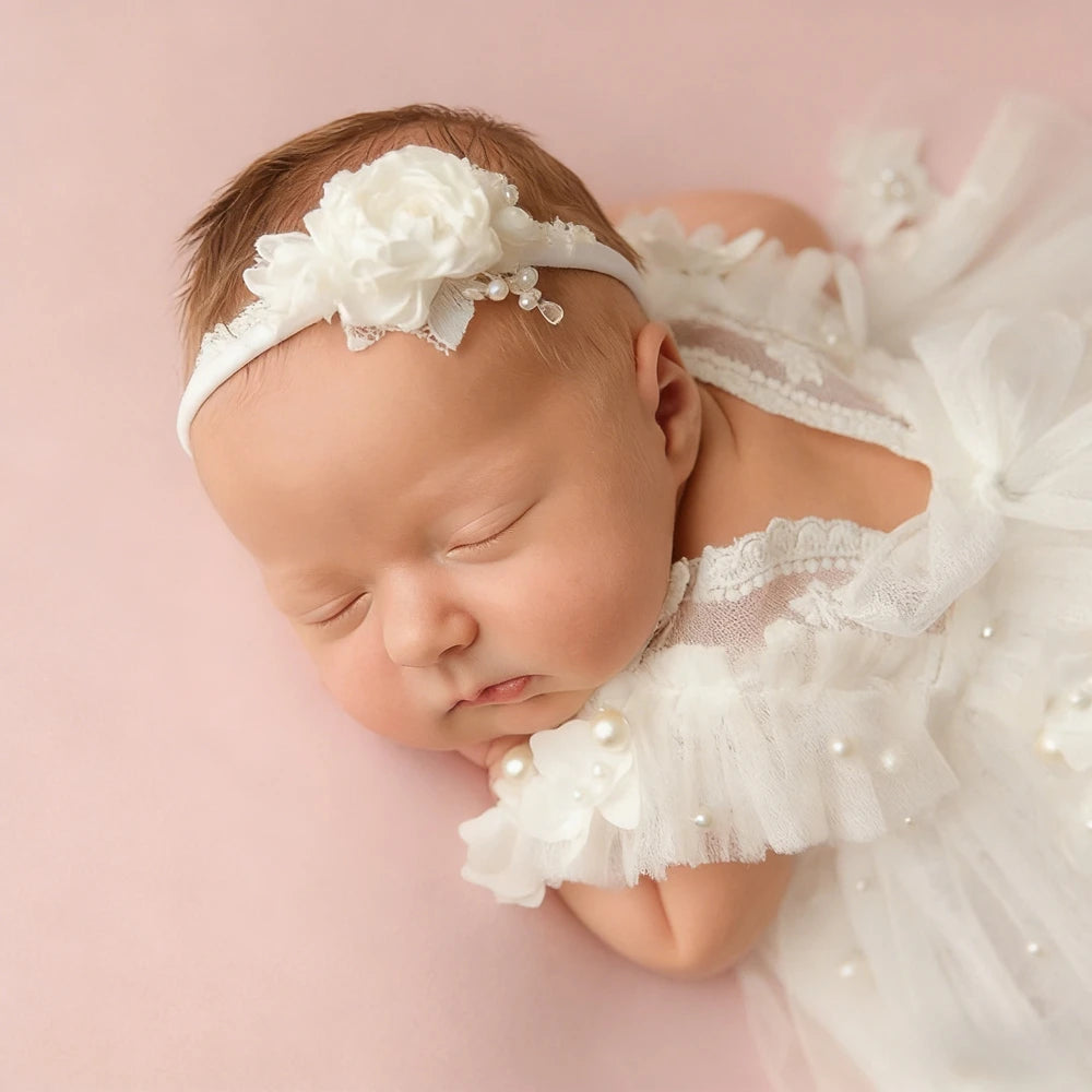 Baby Girl White Tutu Dress Pearl Embellished Ruffle Lace Tulle Skirt Newborn Set