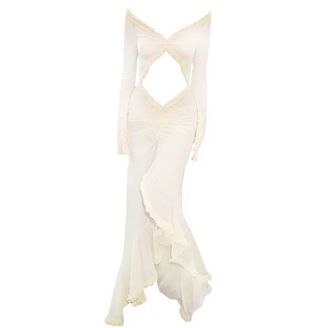Maternity Dress Gown Transparent Ruffle Woman Belly Hollowed Out Long Sleeved Baby Shower