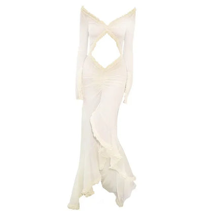 Maternity Dress Gown Transparent Ruffle Woman Belly Hollowed Out Long Sleeved Baby Shower