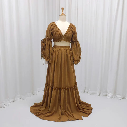 Bohemian Photo Shooting Pregnancy Dress Comfortable Cotton Pleated Sleeves Two-Piece Set Maternity Photography Dress Outfit