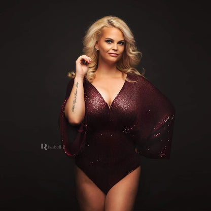 Maternity Sequins Bodysuit Shiny Long Sleeve Jumpsuit