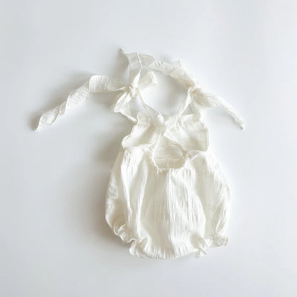 Newborn Romper White Ruffled Tie Strap Baby Photo Soft Studio Shoot