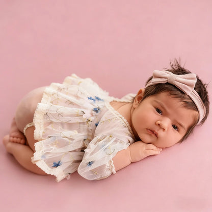 Newborn Girl White Lace Tutu Romper Blue Floral Embroidery Baby Dress Princess