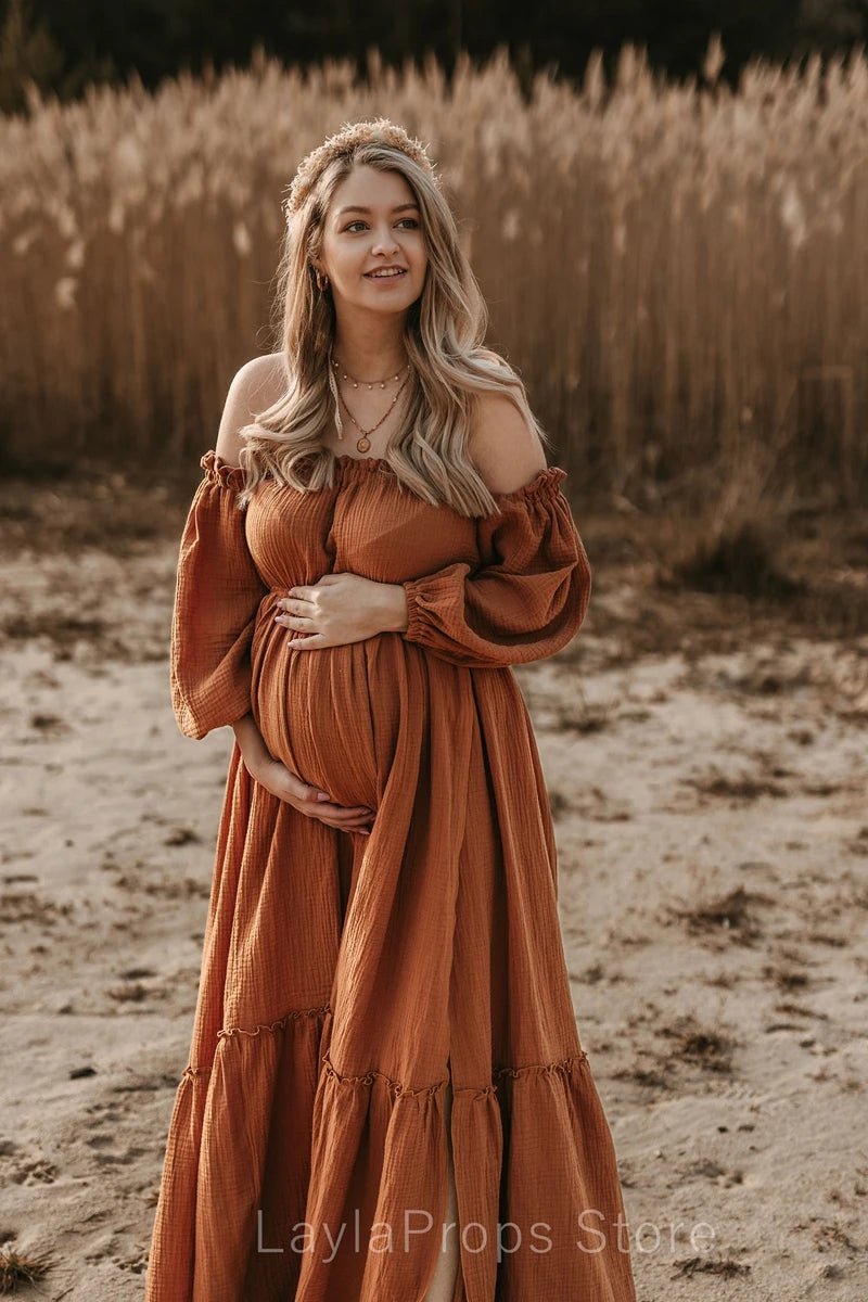 Maternity Bohemian Linen Cotton Retro Loose Fitting Dress Boho Style