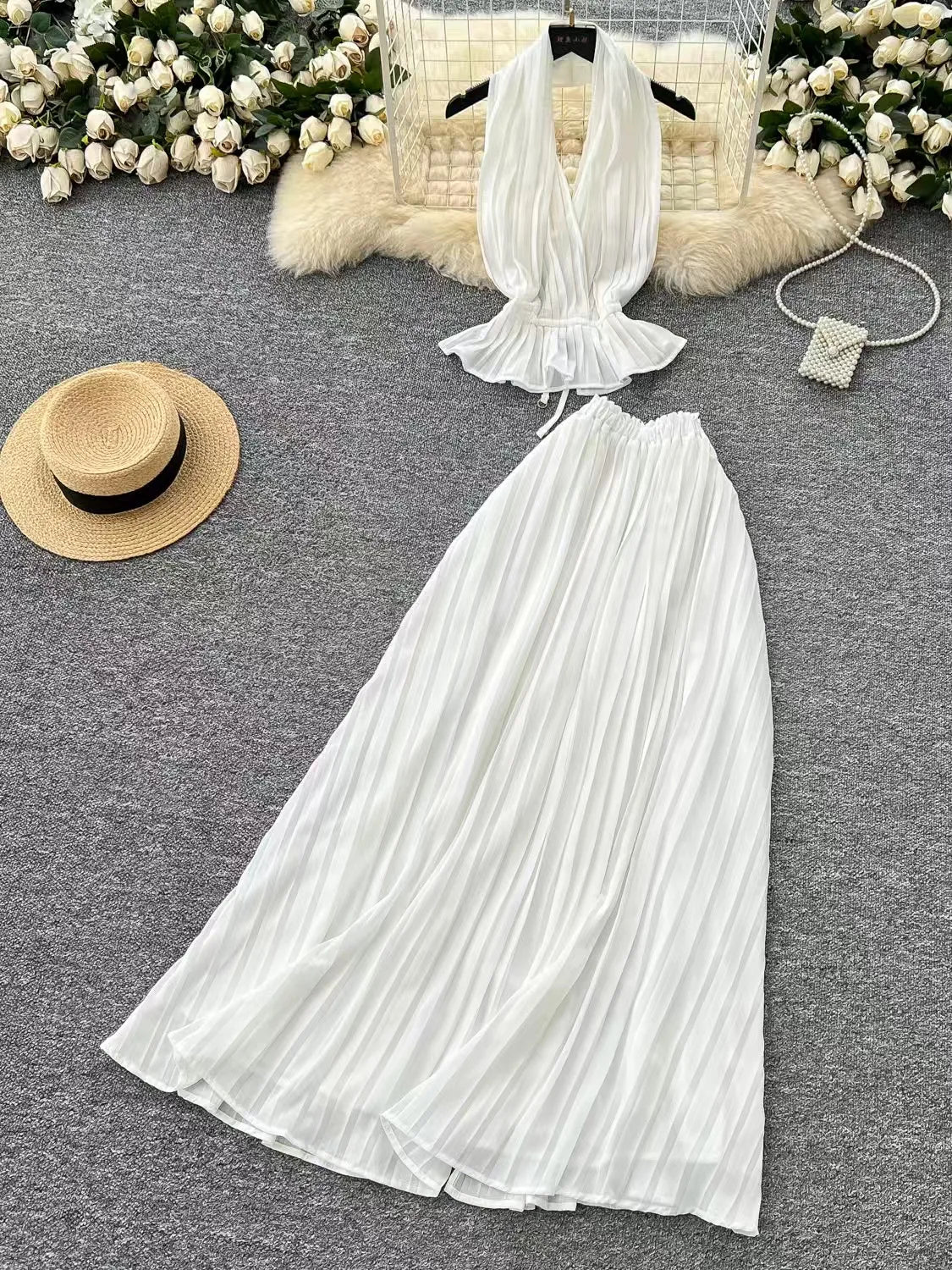 Maternity Dresses For Baby Showers Fashion White V-neck Sleeveless Hanging Neck Two-Piece Dress Photo Shoot Dress For Women