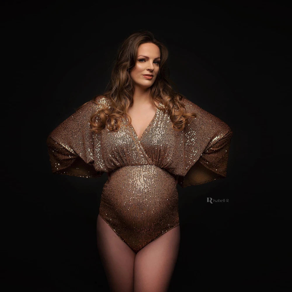 Maternity Sequins Bodysuit Shiny Long Sleeve Jumpsuit