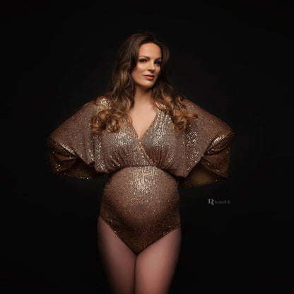 Maternity Sequins Bodysuit Shiny Long Sleeve Jumpsuit