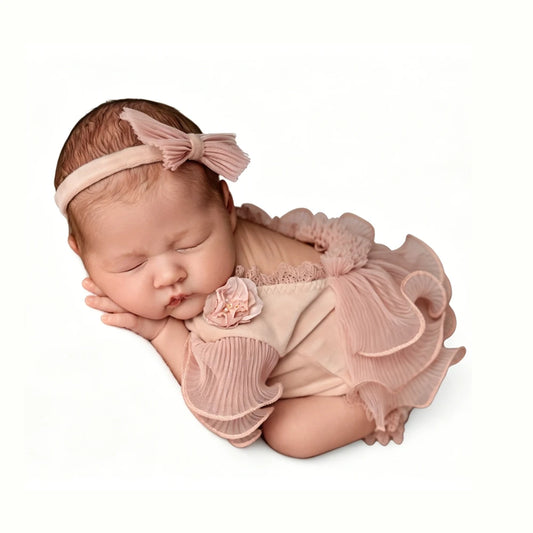 Baby Girl Ruffle Sleeve Romper Flower Bodice Bow Headband Newborn