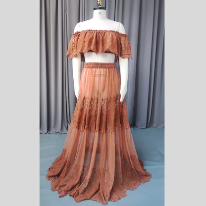Maternity Elegance Piece Set Embroidered Mesh Lace Dress Baby Shower