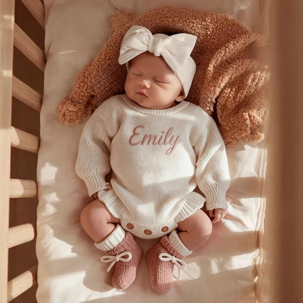 Newborn Personalized Baby Girl Knit Romper Ruffle Skirt Custom Name Embroidery Bow Headband Photo