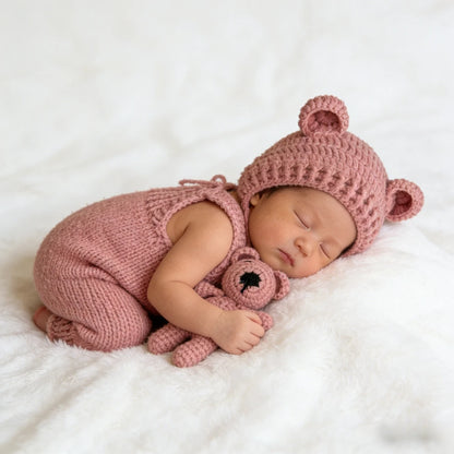 Bear Baby Costume Crochet Hat Romper Newborn Studio Soft Handmade