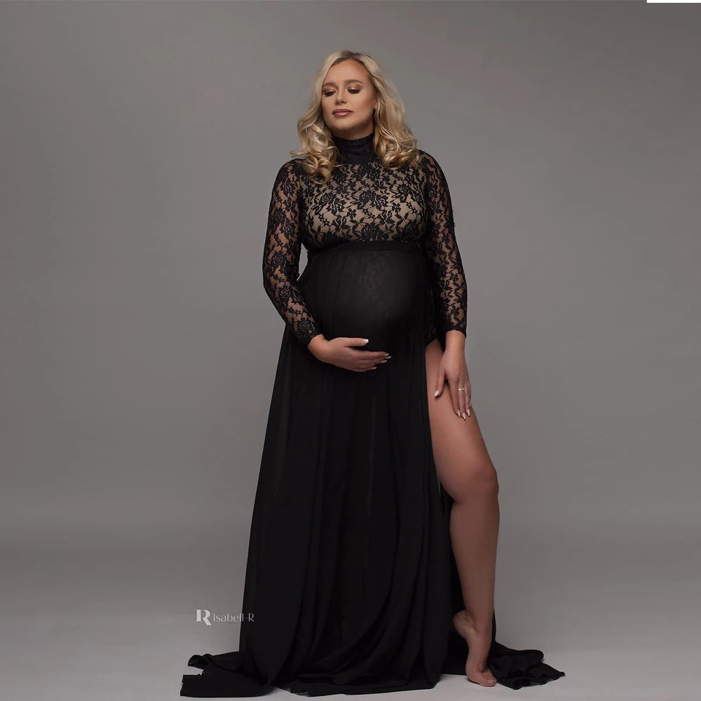 Maternity Dress Stretchy Lace Bodysuit Removable Chiffon Sides Slit Skirt
