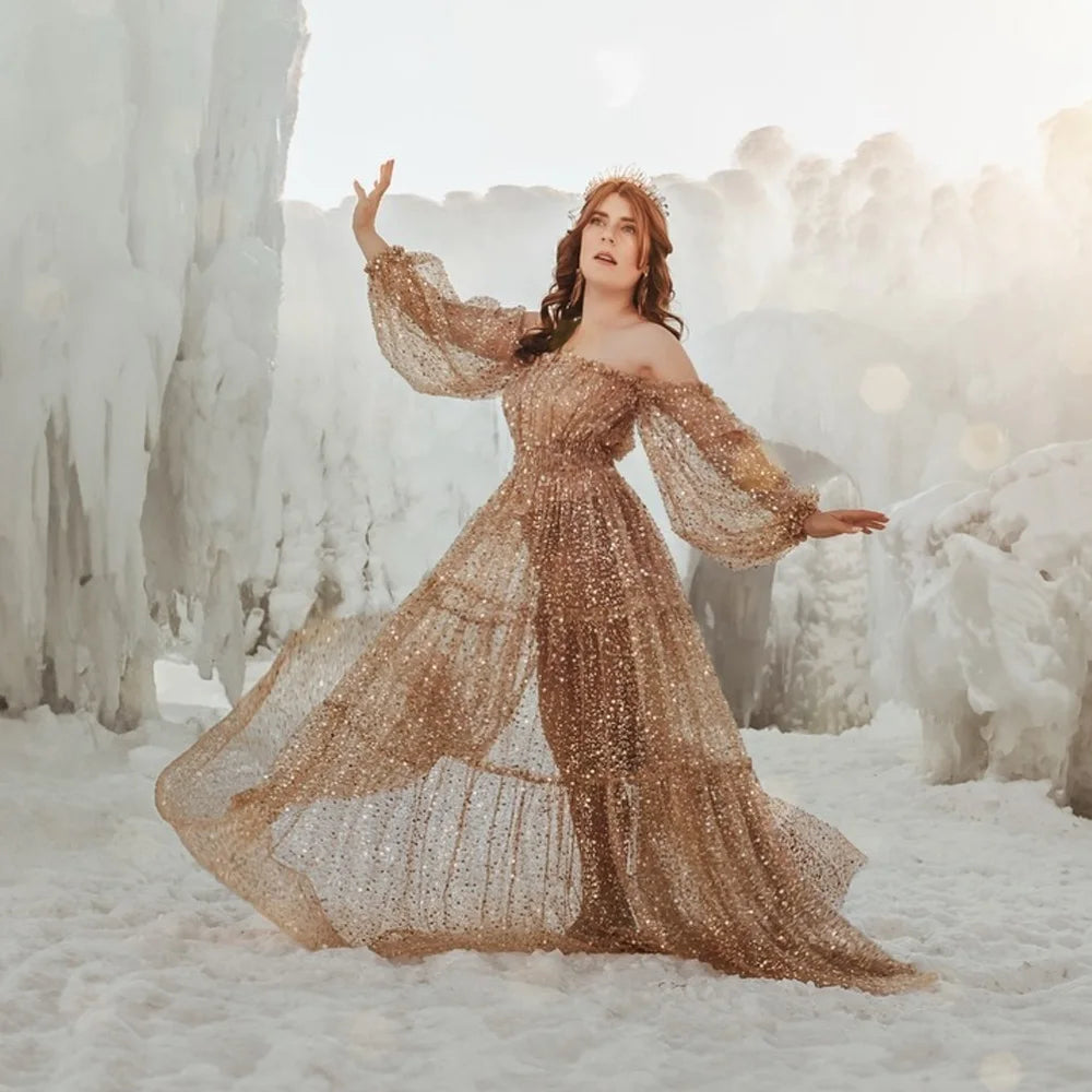 Brown Pearl Sequin Transparent Mesh One Shoulder Dress Maternity Dress Photoshoot Props Pregnant Women Photography Dress