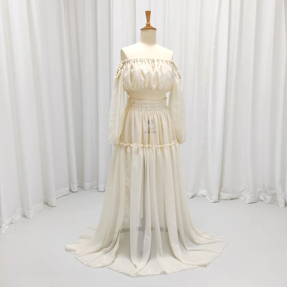 Boho Maternity Dress For Photo Shoot Woman Starlight Dot Chiffon Dress Off Shoulder Long Sleeve Beach Photography Gown
