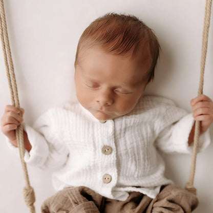 Cotton Muslin White Button Top Khaki Pants Baby Boy Set
