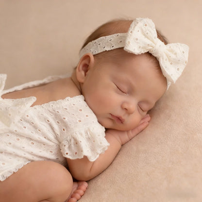 Newborn Baby Girl Eyelet Ruffled Romper Back Bow Matching Headband Photo