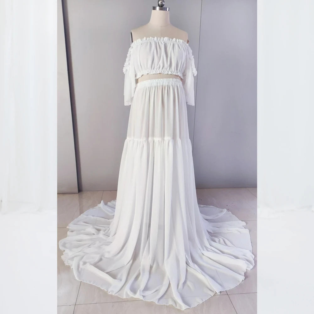 Solid Color ChiffonMaternity Dress Off The Shoulder Elastic Strapless Short Sleeved Dress Suitable For Female Photography