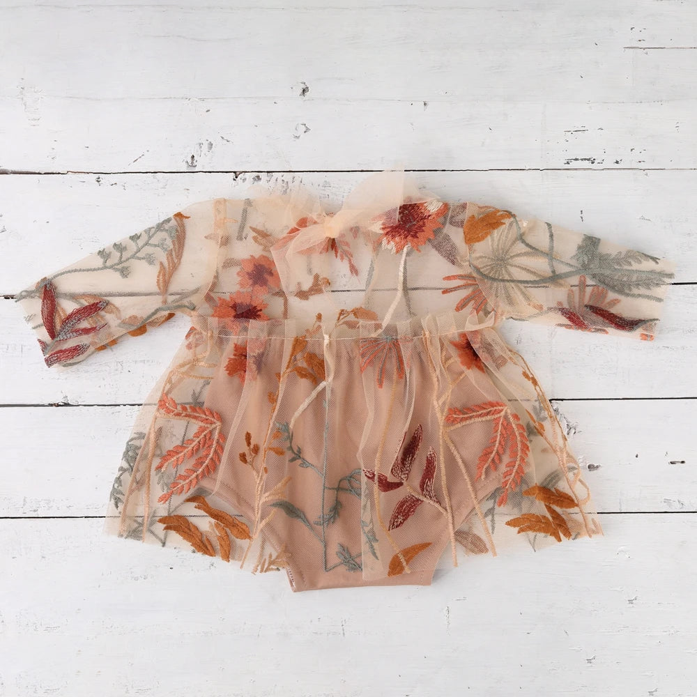 Newborn Girl Dress Embroidered Floral Tulle Boho Newborn Set