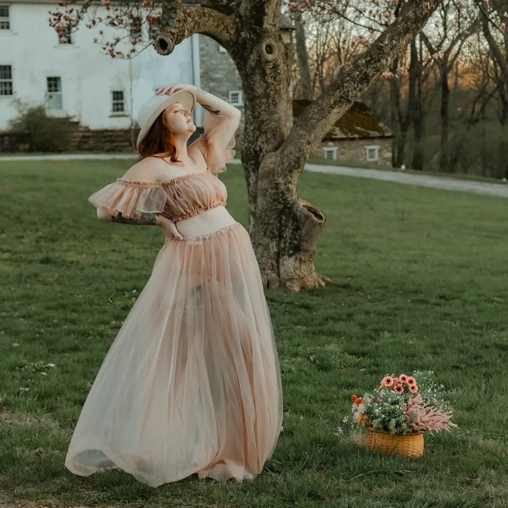 Photography Dress For Women Maternity Gown For Photo Shoot Transparent Chiffon Off Shoulder Ruffle Sleeves Two-piece Dress