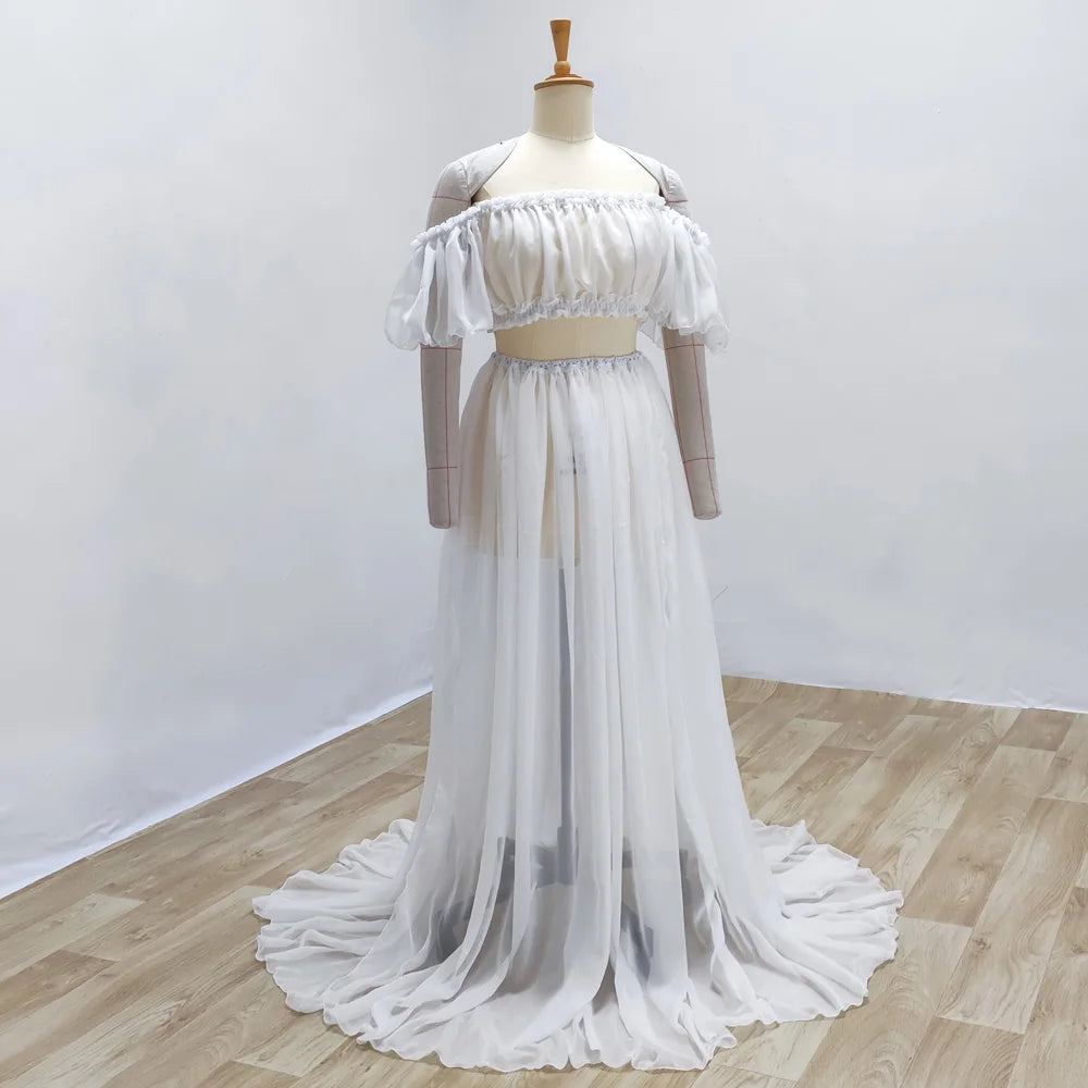 Photography Dress For Women Maternity Gown For Photo Shoot Transparent Chiffon Off Shoulder Ruffle Sleeves Two-piece Dress