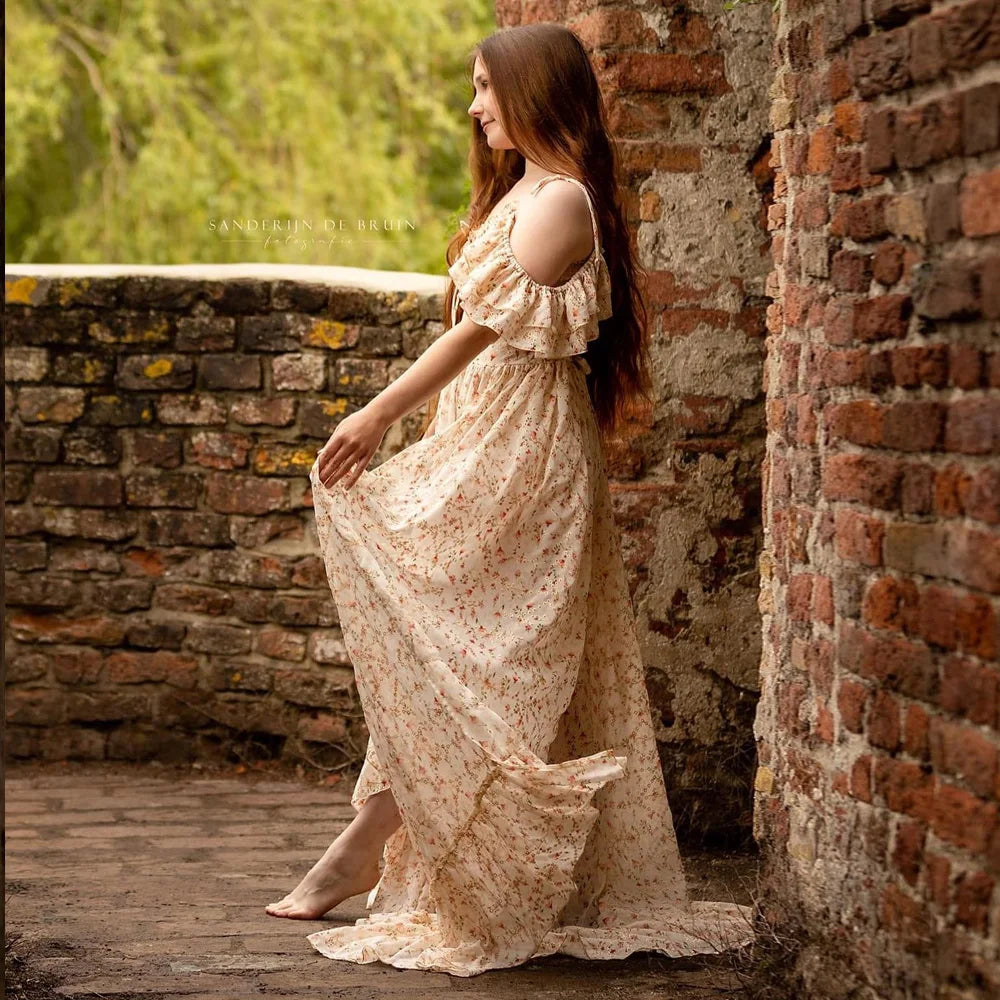 Maternity Dresses For Baby Showers Printed Chiffon Hollow Embroidered Dress Pregnant Women Photo Shoot Spaghetti Strap Dress