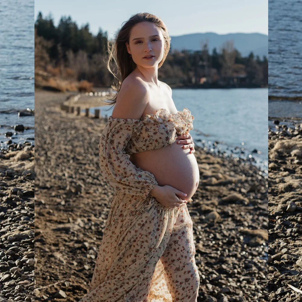 Bohemian Maternity Photo Dress Flowing Printed Chiffon Ruffle Edge Off Shoulder Two-piece Dress Set Photography Dress For Women