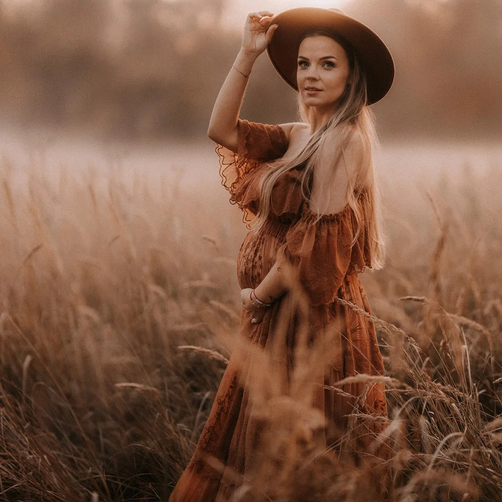 Pregnant Women Photography Dress Off Shoulder Embroidered Mesh Dress Photo Shoot Dress For Women Boho Pregnant Dress