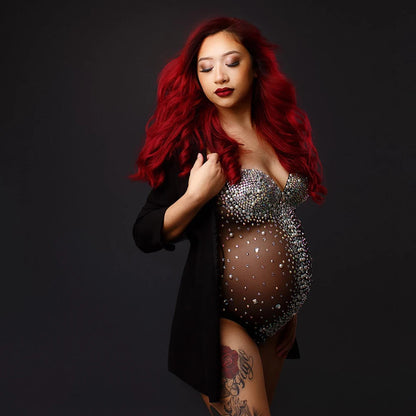 Maternity Luxurious Bodysuit Rhinestones Pearls Stretch Spandex Jumpsuit