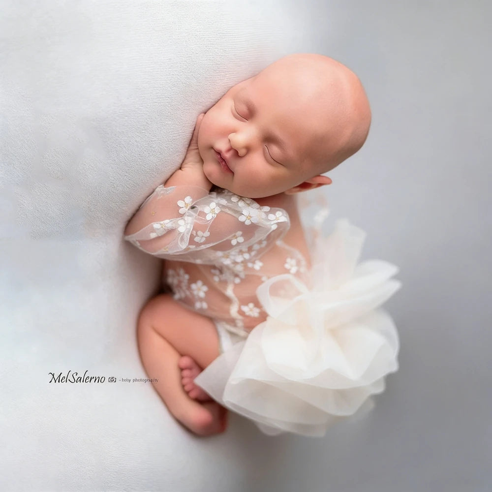 Baby Girl White Lace Tutu Romper Floral Ruffle Sleeve Soft Newborn Photo