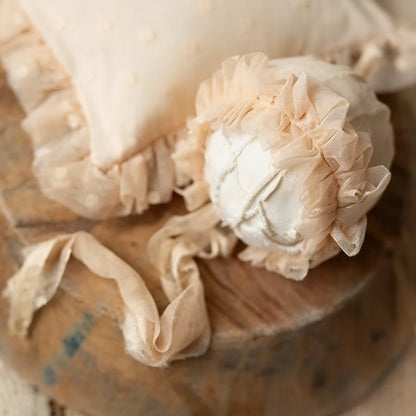 Beige Ruffle Lace Bonnet Pillow Set Baby Newborn Studio