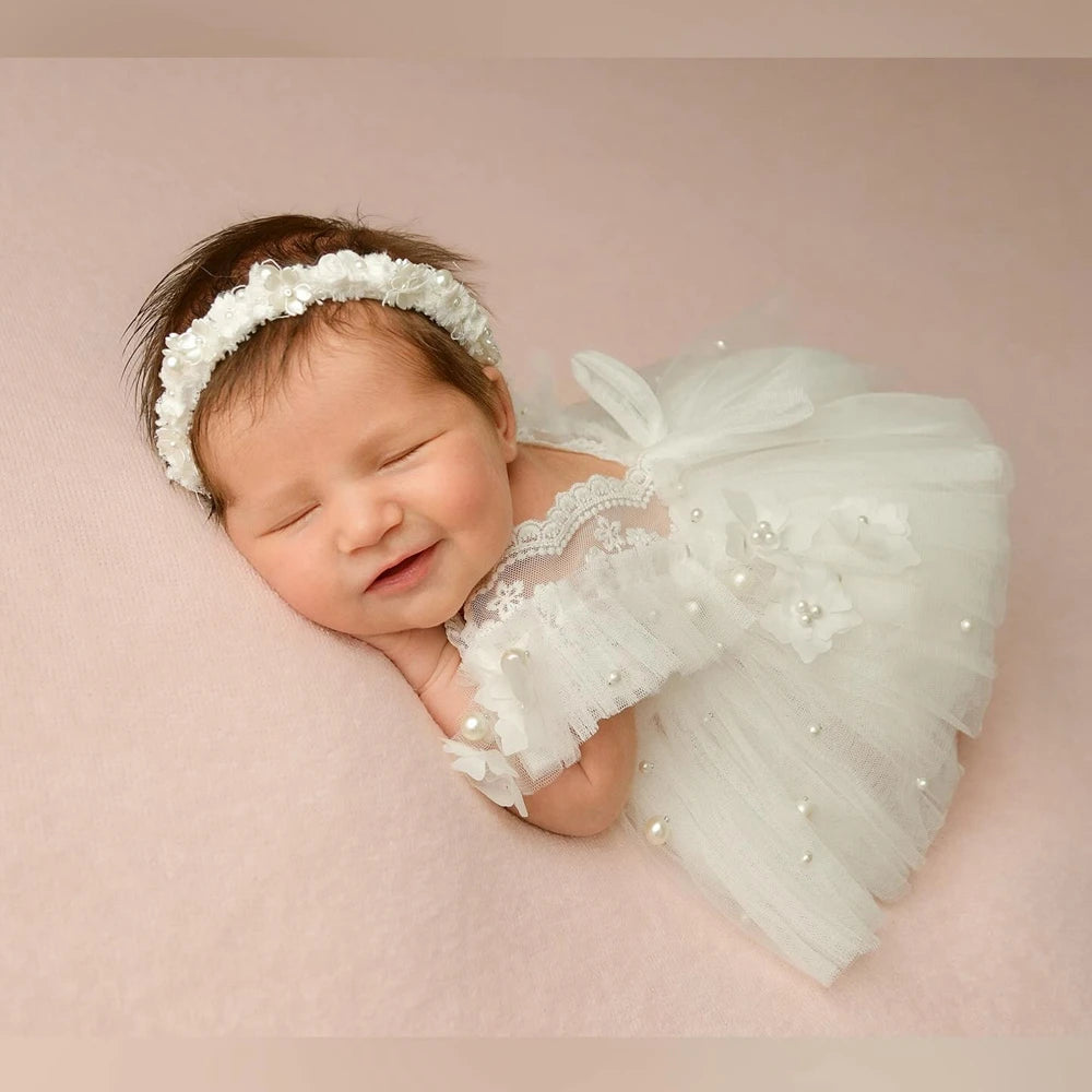 Baby Girl White Tutu Dress Pearl Embellished Ruffle Lace Tulle Skirt Newborn Set