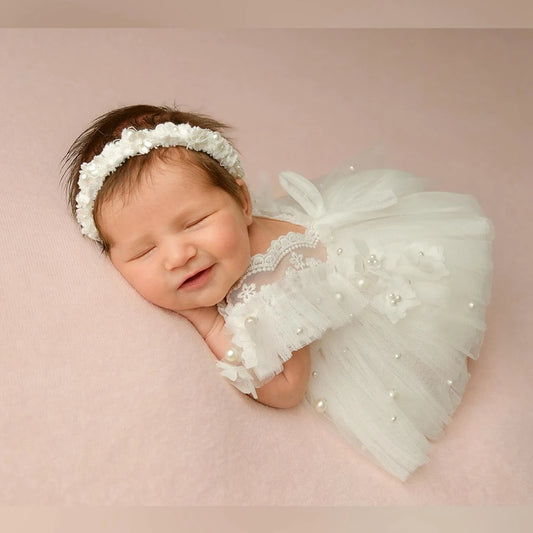 Baby Girl White Tutu Dress Pearl Embellished Ruffle Lace Tulle Skirt Newborn Set