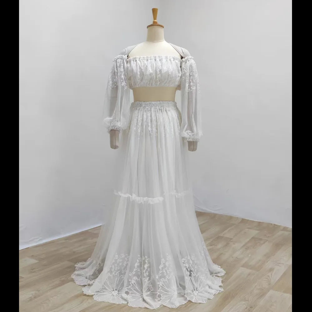 Bohemian Photo Shooting Pregnancy Dress Elegant Gowns Soft Encrypted Mesh Embroidery Lace Flowers Off Shoulder Dresses